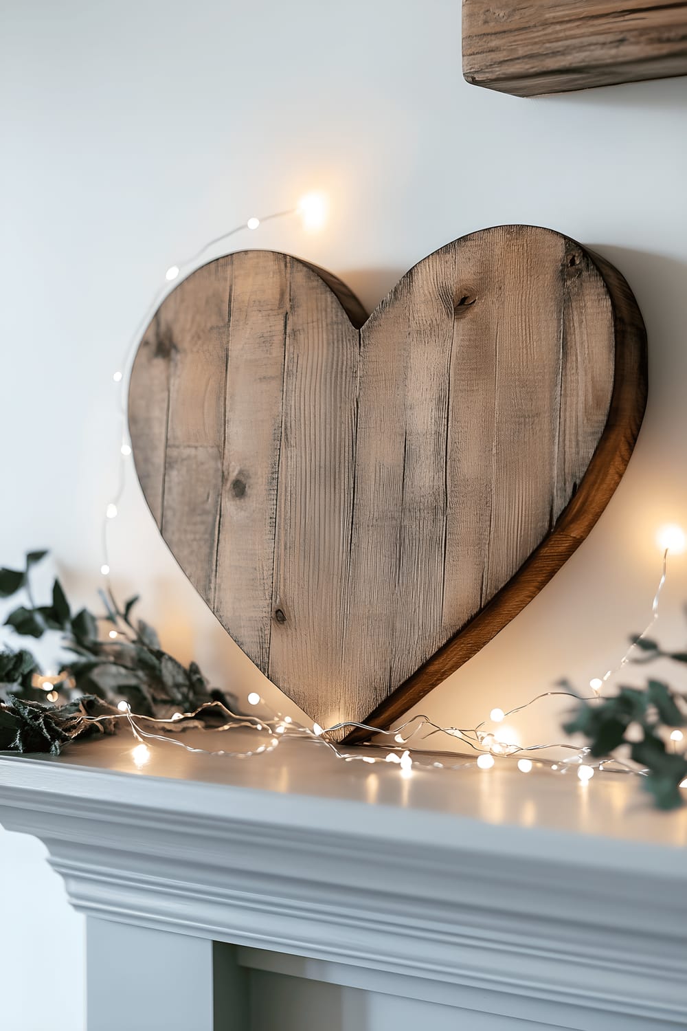 A wooden heart plaque with a handcrafted design is displayed on a light grey mantelpiece. The heart, in natural wood tones, is surrounded by a string of small, white twinkling lights that shed a warm glow on the decor.