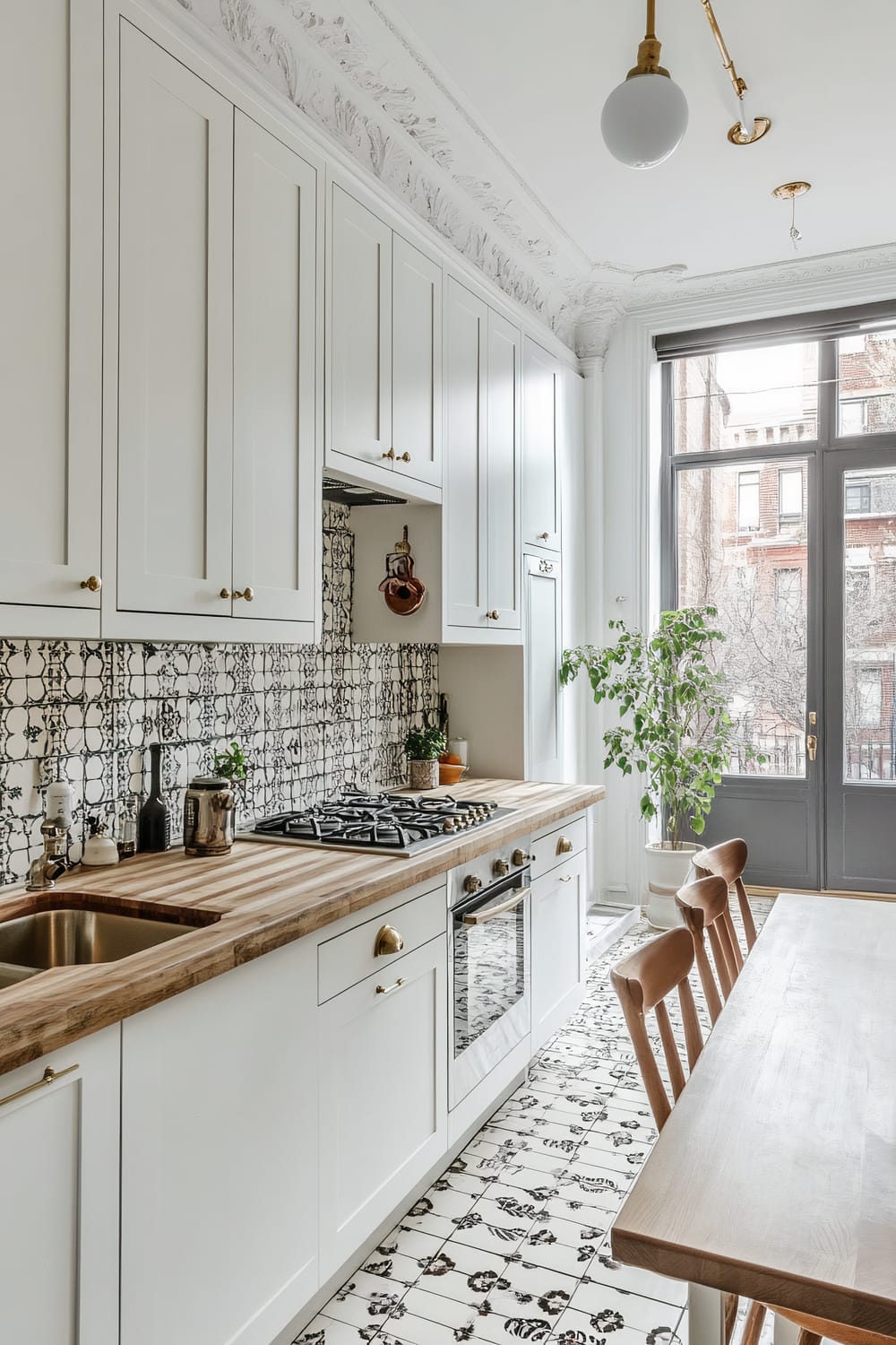 Bright kitchen with elaborate crown molding, white cabinetry, and patterned black and white tiles. The countertop is wooden with a built-in stove and sink. Natural light pours in through large windows and doors, with a potted plant adding a touch of greenery. Wooden chairs are placed around a dining table.