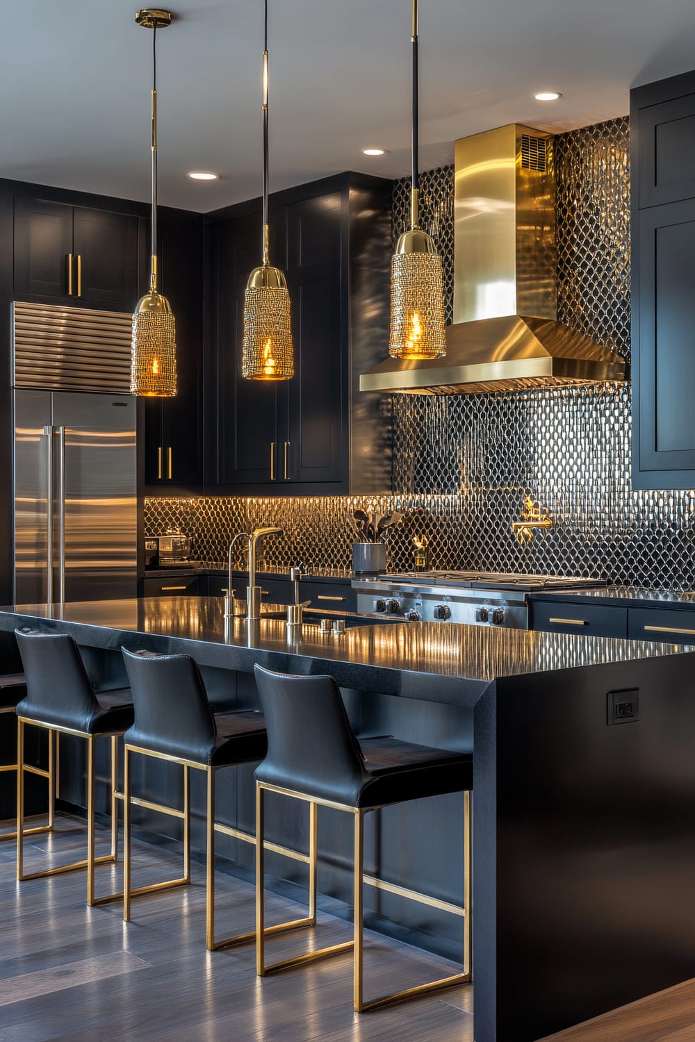 A luxurious kitchen features dark cabinetry paired with a glossy black island. Gold accents, including pendant lighting and a hood, add sophistication. The backsplash consists of small, reflective gold-tiled patterns, while the sleek appliances and gold fixtures create a modern aesthetic.