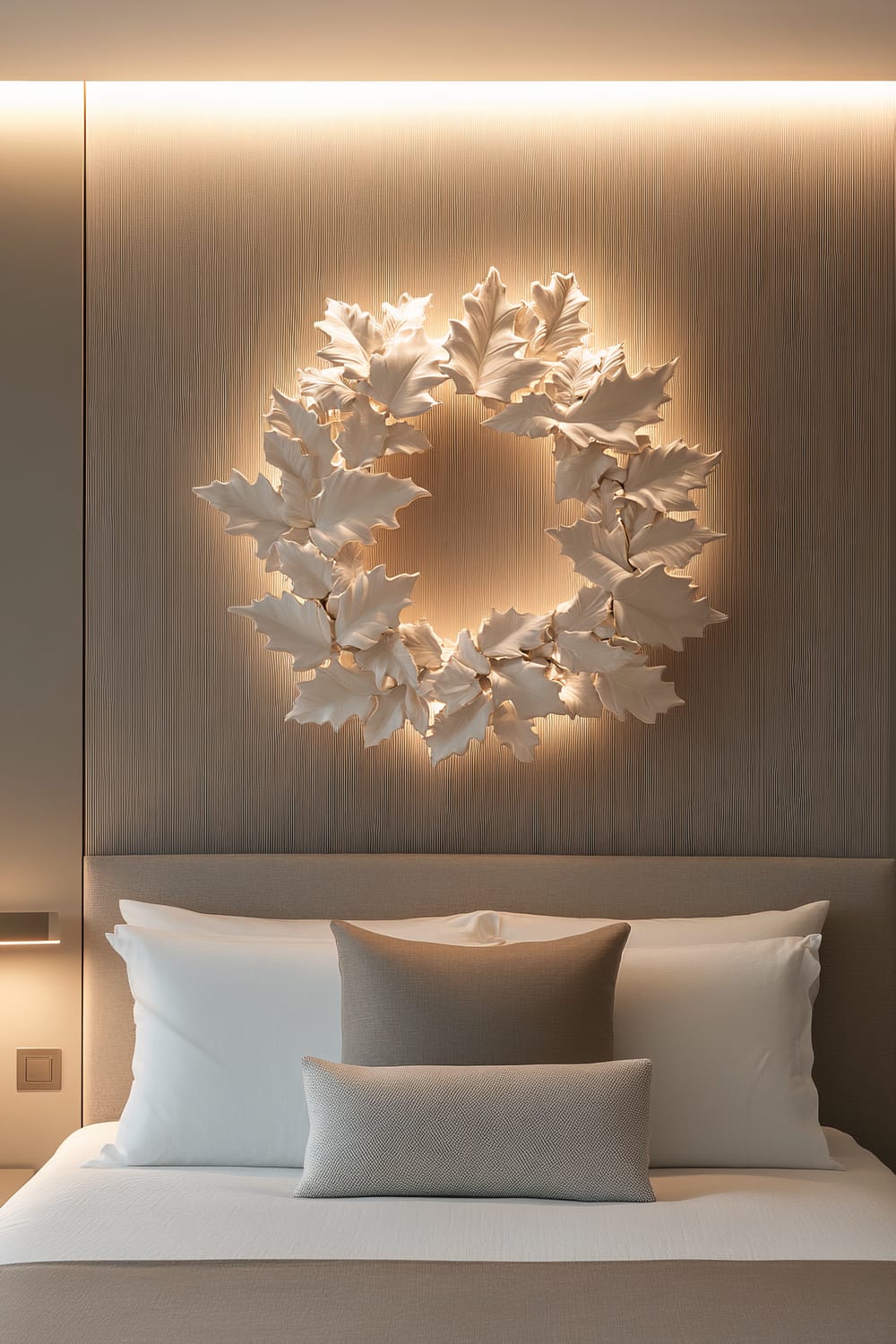 A sophisticated white ceramic holly wreath mounted on a modern bedroom wall, softly lit by recessed lighting. Below the wreath is a bed with white linen pillows and a beige throw pillow.