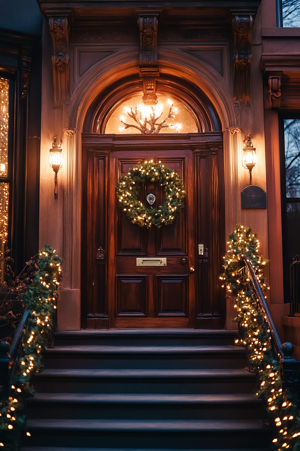 An elegant doorway adorned with holiday decorations on a grand staircase. The wooden door features a large wreath with twinkling lights. The railings and stair banisters are wrapped in garlands that also illuminate with warm lights. Above the door, decorative arches and corbels frame a lit chandelier, adding an extra touch of grandeur. Two ornate wall-mounted lanterns flank the entrance, enhancing the festive and welcoming ambiance.