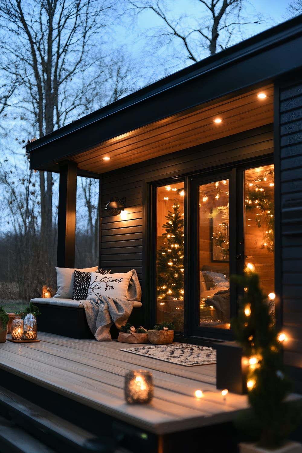 A modern cabin exterior at dusk, featuring sleek, dark siding and illuminated by warm ambient lighting. The porch area includes a cozy seating with pillows and a throw, and is decorated with potted plants, candles, and fairy lights. Through the glass doors, an illuminated interior with a decorated Christmas tree is visible.