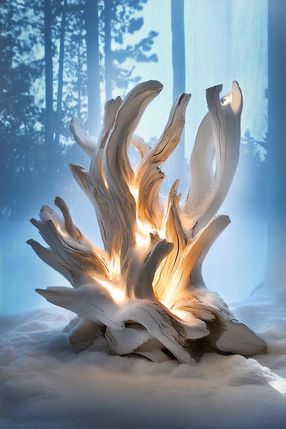 A white driftwood sculpture with illuminated accents is situated on a snowy surface. The driftwood has smooth, curving branches that create an artistic structure. Focused lighting highlights the sculpture, enhancing the warm glow from the internal lights. In the background, tall trees are visible against a serene, snowy landscape.