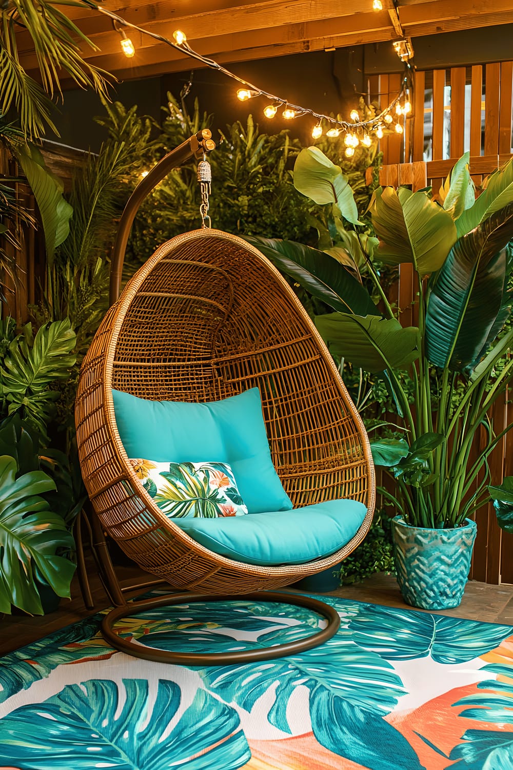 A tropical-themed patio featuring a swinging egg-shaped wicker chair with turquoise cushions. Surrounding the chair are various large, leafy plants like bird-of-paradise and monstera, housed in hand-painted ceramic pots. The ground is adorned with a bright, jungle leaf print area rug. Overhead, string lights dangle, glowing against a picturesque sunset sky.