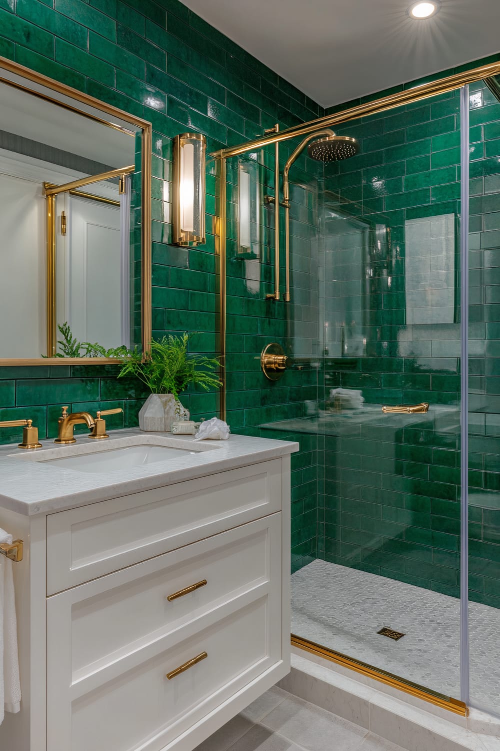 A modern bathroom featuring a white vanity with a marble countertop, complemented by gold fixtures. The shower area is enclosed with glass, and the walls are lined with glossy green subway tiles. A gold-framed mirror and a wall-mounted light fixture with a gold frame are installed above the vanity. A small plant and decorative items adorn the countertop.