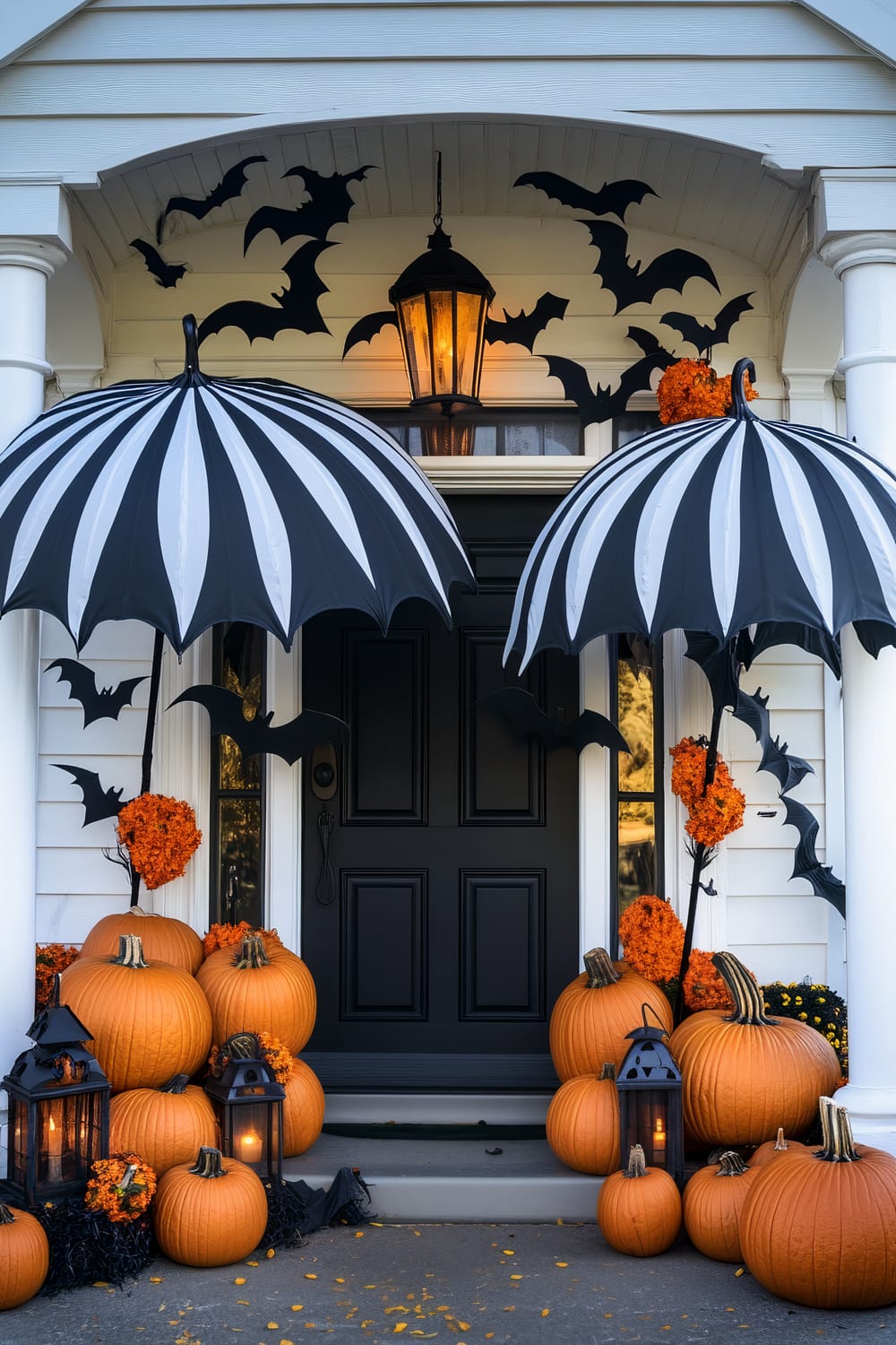 A charming Halloween-themed front porch decorated in a sophisticated style. Two large, black-and-white striped umbrellas flank the dark, paneled front door. Piles of bright orange pumpkins, complemented by black lanterns and clusters of orange flowers, accent the steps and corners. Black cutouts of bats are attached to the white siding of the house and the arches above the porch. Warm light illuminates the scene from the hanging lantern above the door, enhancing the festive yet eerie atmosphere.