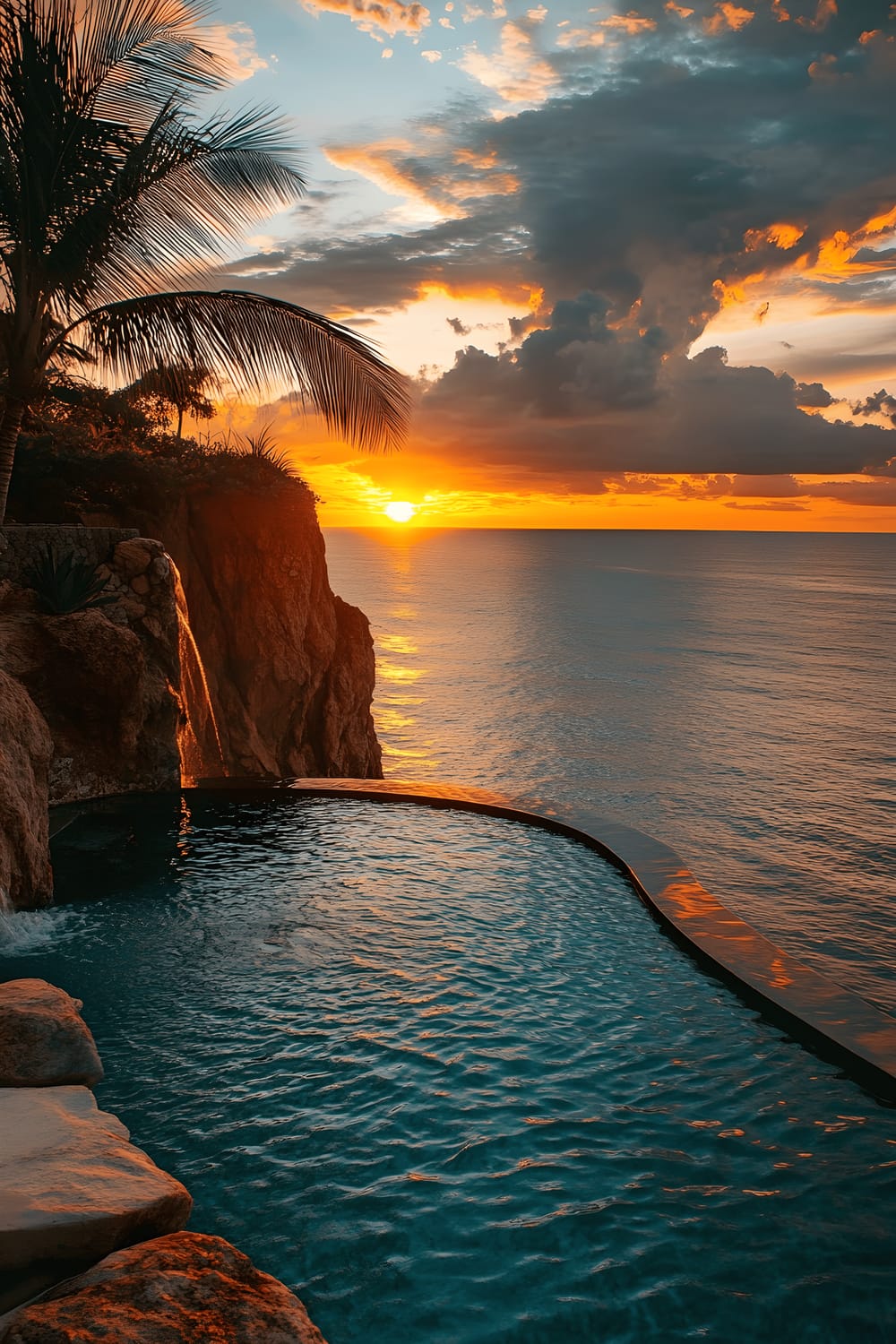 A breathtaking panoramic view of an infinity pool, skillfully carved into a rugged cliffside. The pool extends to the edge of the cliff, producing an optical illusion where the pool's crystal-clear water appears to seamlessly blend with the horizon. Against the backdrop of a stunning fiery sunset, minimalist tropical landscaping featuring silhouetted palm trees along the cliff contributes to an atmosphere of serene luxury.