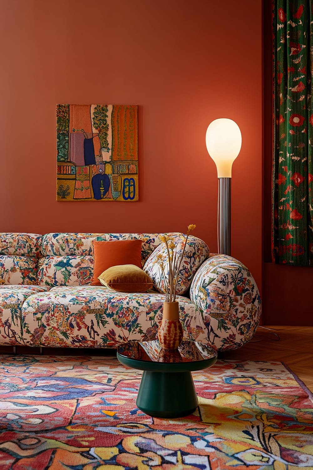 A vibrant living room featuring a maximalist sofa upholstered in Kuba textile with intricate and colorful patterns. Beside the sofa stands an amorphic floor lamp with a unique bulb-shaped top. The floor is adorned with a patterned rug, on which floor cushions in rich velvet are scattered. In front of the sofa is a minimalist coffee table with a single decorative vase. The room is softly lit by ambient lighting from overhead fixtures, enhancing the bold patterns and rich colors of the decor.