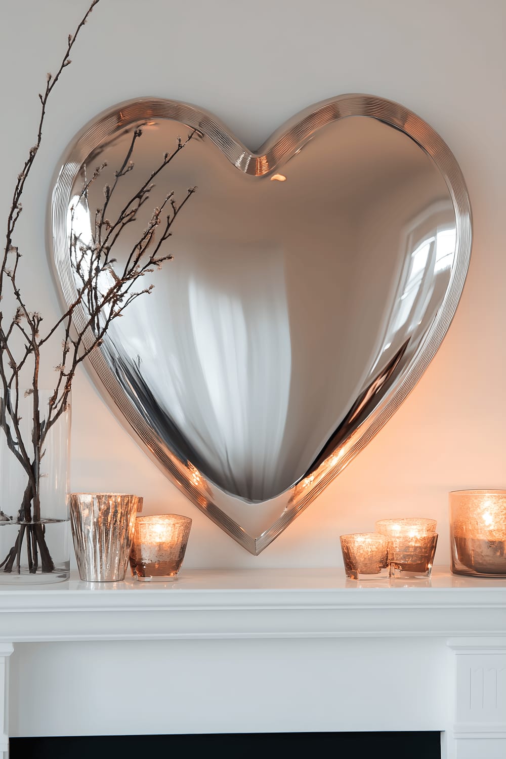 A large, aesthetically appealing metallic heart-shaped mirror sitting atop a pristine white mantel. The mirror beautifully reflects a soft amber light, enhancing the atmosphere in the room.