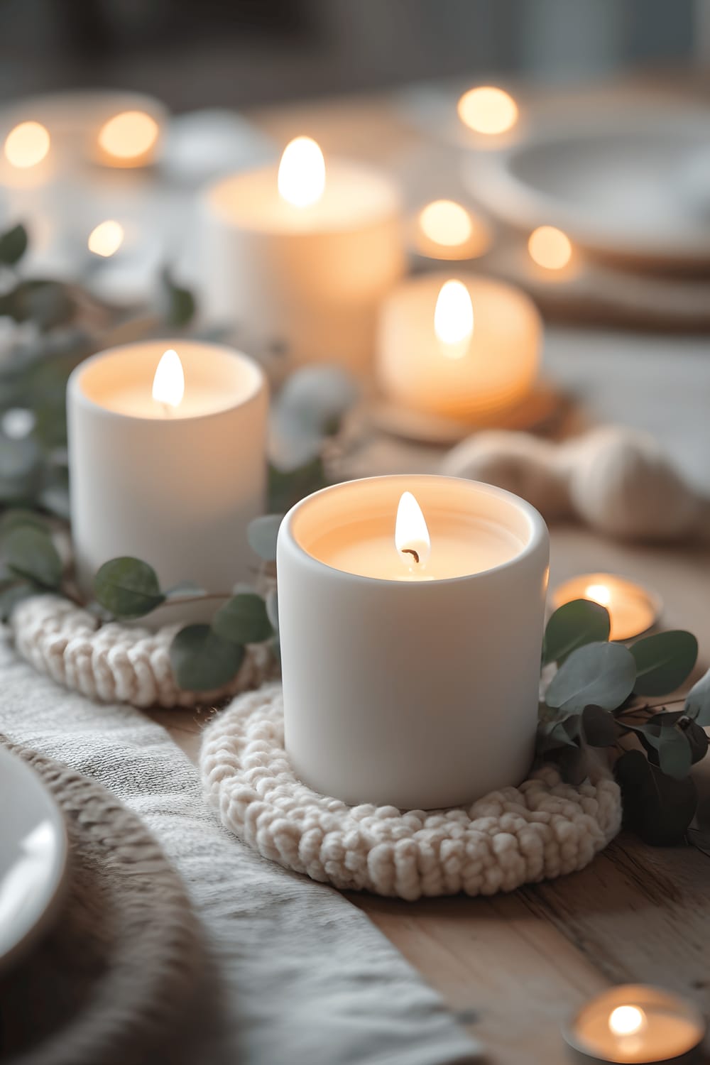 A Scandinavian-inspired centerpiece on a light birch wood table. It comprises a trio of white ceramic candle holders with lit warm white candles, surrounded by sprigs of eucalyptus and soft woolen accents including small knitted coasters. The centerpiece is placed over a neutral-toned linen runner. The ambient natural daylight and gentle artificial lighting create a warm and inviting feel.