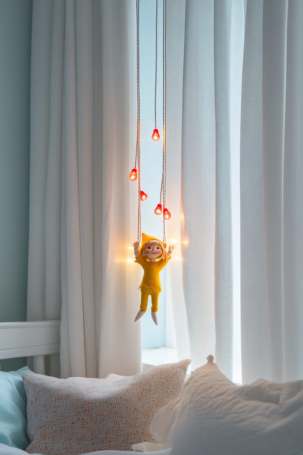 A cheerful yellow elf doll is swinging from a white curtain rod, which is decorated with five small red fairy lights. The scene is set against white curtains in a spacious, light blue children's bedroom. Below the elf, a bed with white and light blue pillows is visible.