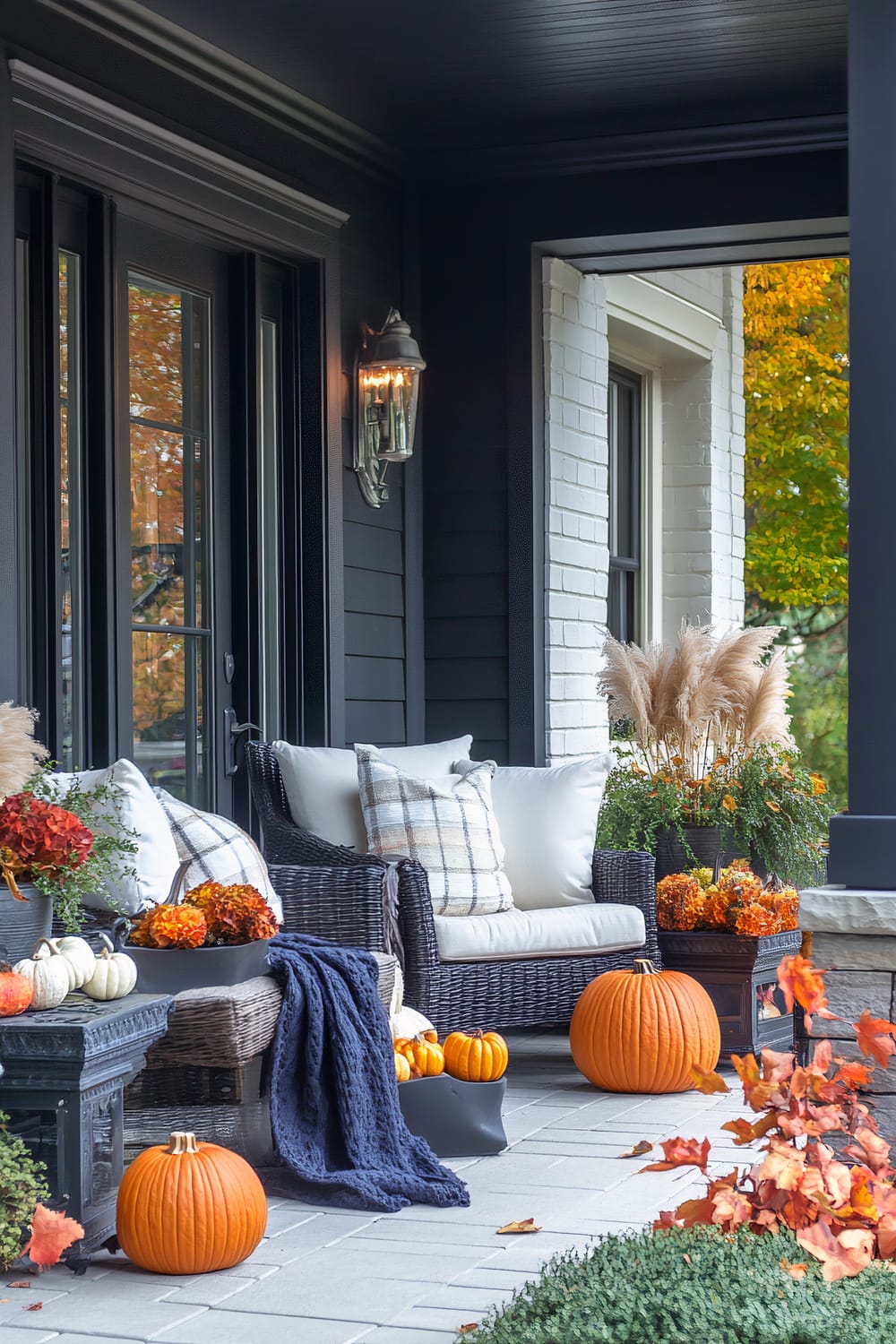 A stylish outdoor porch is adorned with seasonal decorations, featuring a wicker armchair with white cushions and plaid throw pillows. The porch is surrounded by autumnal decorations including pumpkins of various sizes, pots of orange flowers, and pampas grass. A navy blue knitted blanket adds warmth to the space. The backdrop includes a dark-painted exterior wall, large windows, and a door, with one light fixture providing a cozy ambiance.