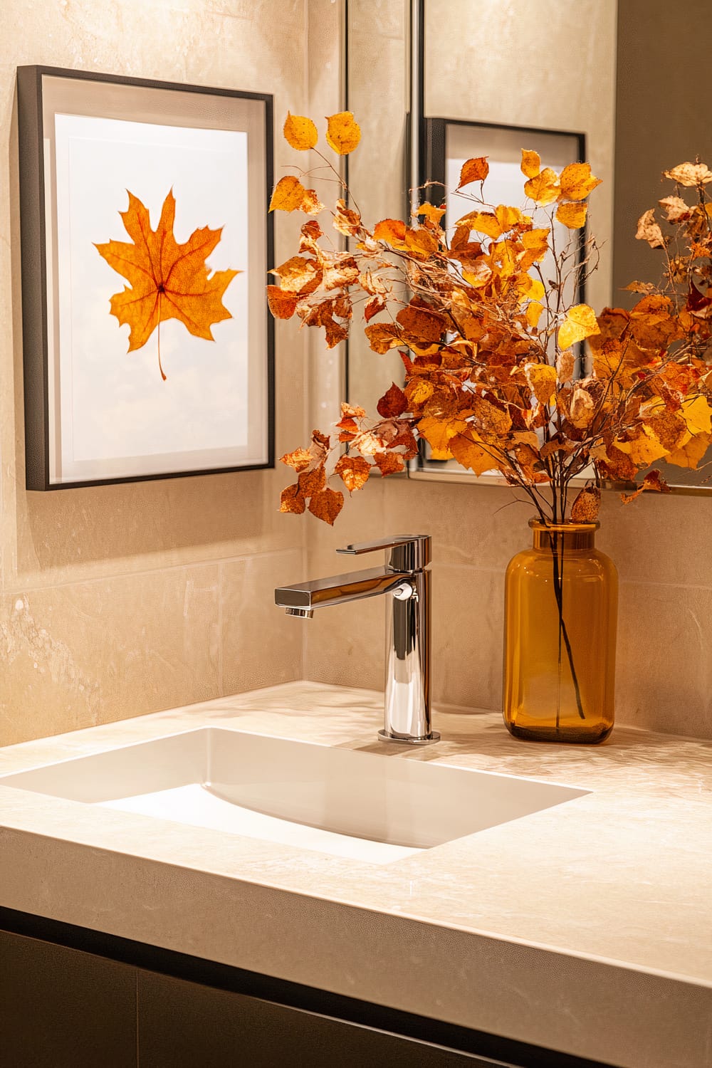 An elegant bathroom sink area featuring a rectangular, off-white sink set into a matching countertop. A modern chrome faucet is positioned above the sink. To the side, an amber glass vase holds a bouquet of imitation autumn leaves in shades of orange, yellow, and brown. The beige tile walls are adorned with a framed picture of an orange maple leaf, situated beside a mirror reflecting the same autumn leaf arrangement.