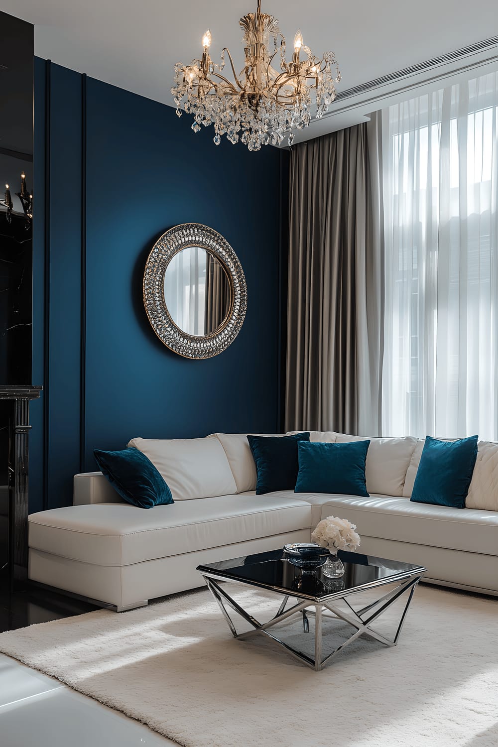 A sophisticated Milanese living room featuring a deep sapphire blue accent wall and sleek white leather sectional sofa. The room is lighted by a statement chandelier with dangling crystals that glow against the blue wall. In the center, a geometric silver coffee table sits atop a plush ivory rug. Against the accent wall is a minimalist black marble fireplace, above which an oversized gold-framed mirror reflects the elegant room. Deep teal velvet cushions punctuate the room with color. Tall, narrow windows with sheer grey curtains filter in daylight, casting soft shadows in the room.