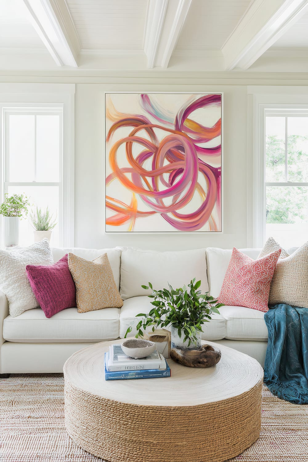 A bright living room with a white oversized sofa at the center, covered with colorful throw blankets and pillows. Above the sofa, a large, vibrant abstract art piece with swirling pink, orange, and red brushstrokes is displayed. In front of the sofa is a round coffee table with a textured surface, holding books and a potted plant. Floor cushions and potted greenery add to the room's organic feel, and large windows with ample natural light flank the art piece, creating an airy atmosphere.