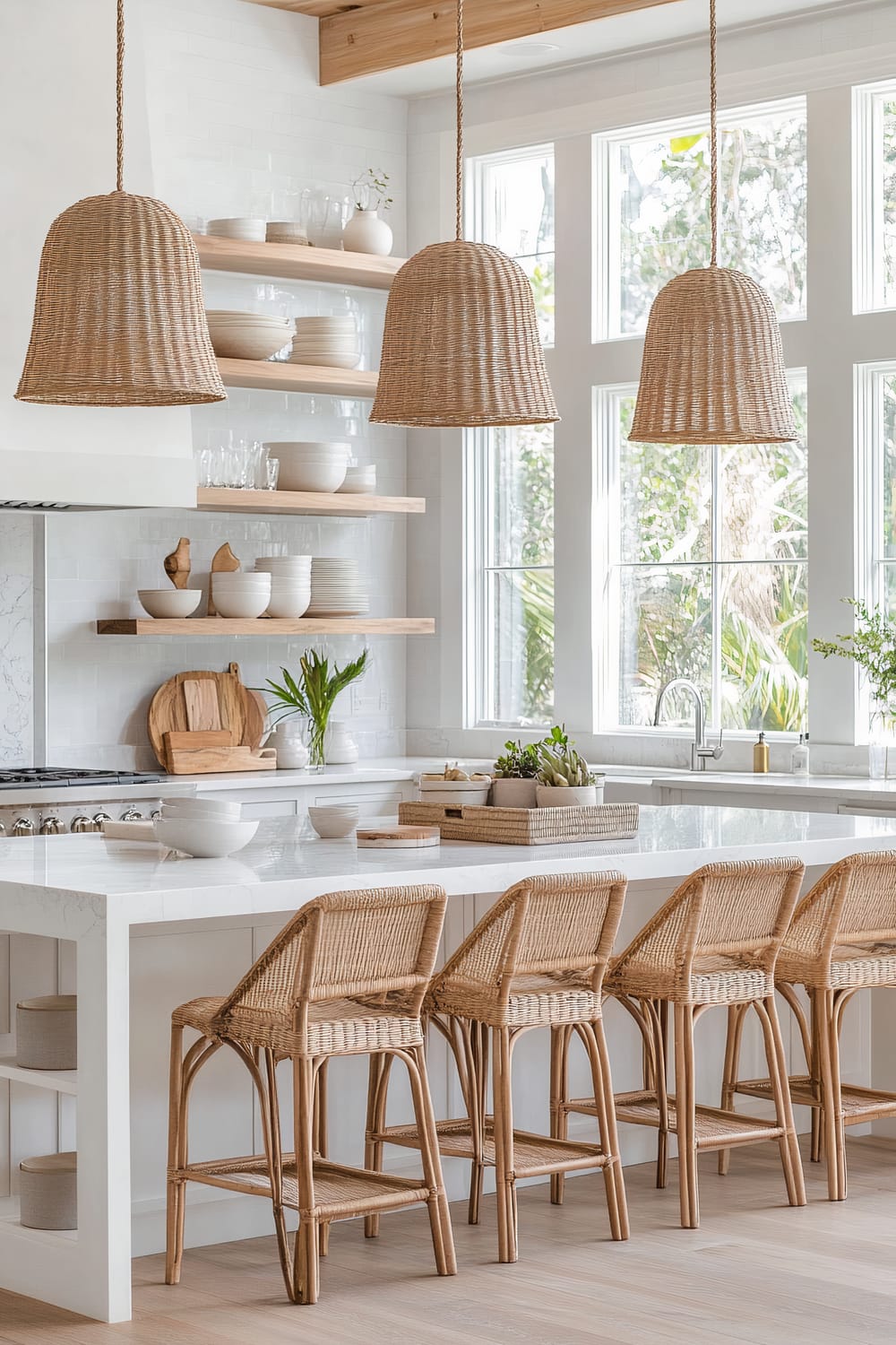 A bright and airy kitchen featuring a large white island with a sleek countertop. Four rattan barstools with wicker seats line the island. Above the island hang three large, woven pendant lights. In the background, there are white floating shelves adorned with white crockery and a few wooden cutting boards. The windows behind the kitchen sink are large, allowing natural light to flood the space and offering a view of lush greenery outside. The overall aesthetic is fresh, minimalist, and natural.