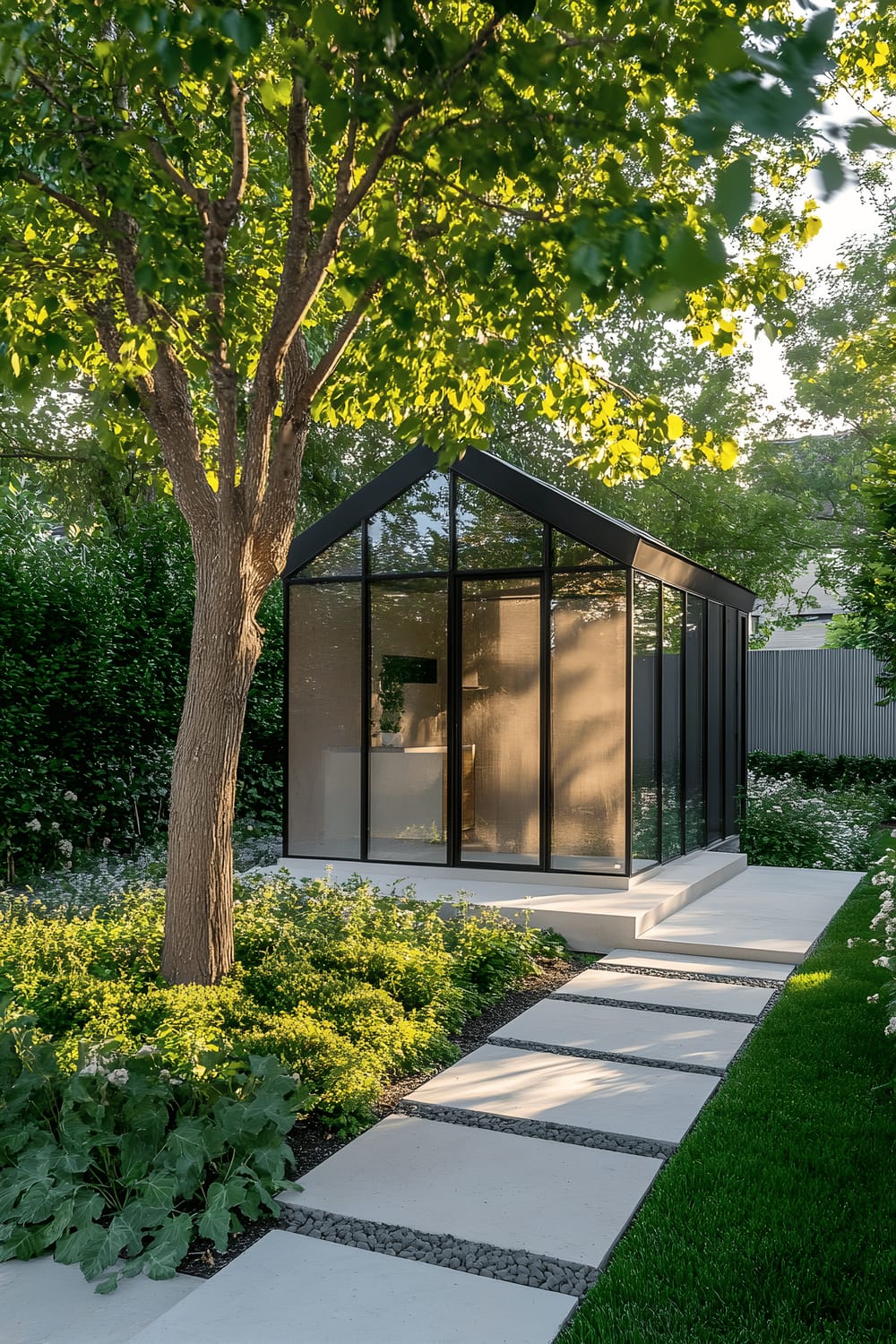 A bright, modern shed with glass and metal facade situated in a minimalistic garden. The shed is illuminated by midday sunlight producing sharp, distinct shadows. The garden has a simple concrete path and an elegant statement tree standing amidst limited greenery.