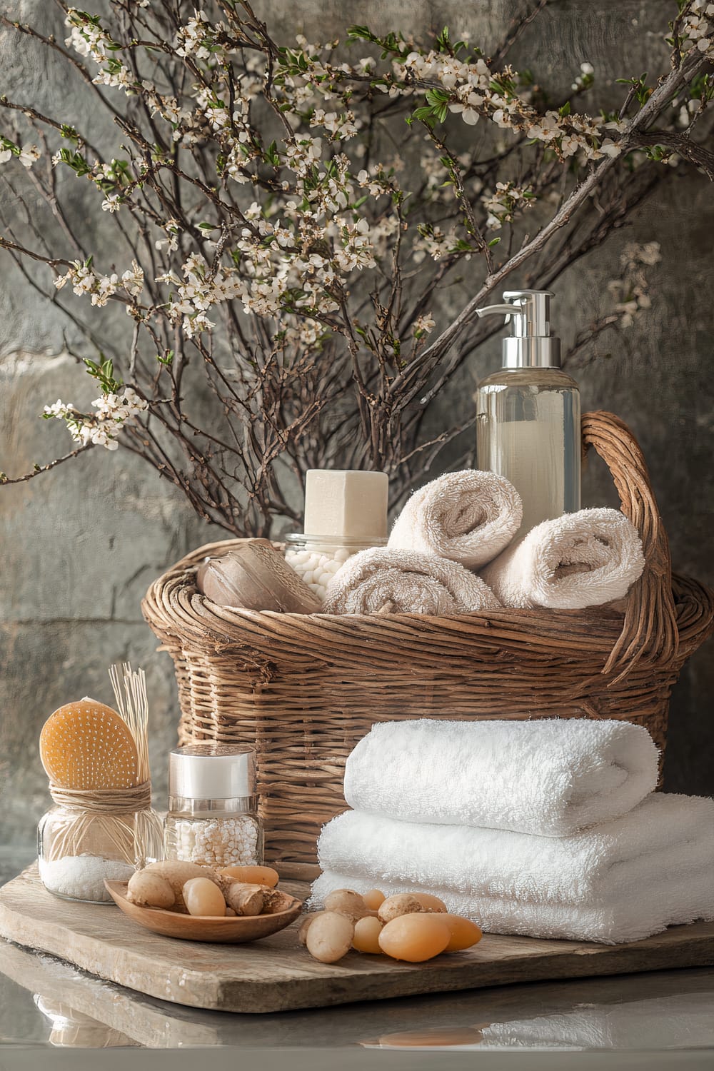 An arrangement of spa essentials is displayed on a wooden surface with a backdrop of white blossom branches against a rustic stone wall. The scene includes rolled beige and white towels, a wicker basket, a soap dispenser, a small jar filled with soap, a loofah sponge, a glass jar, and a wooden bowl with stones and soap bars.