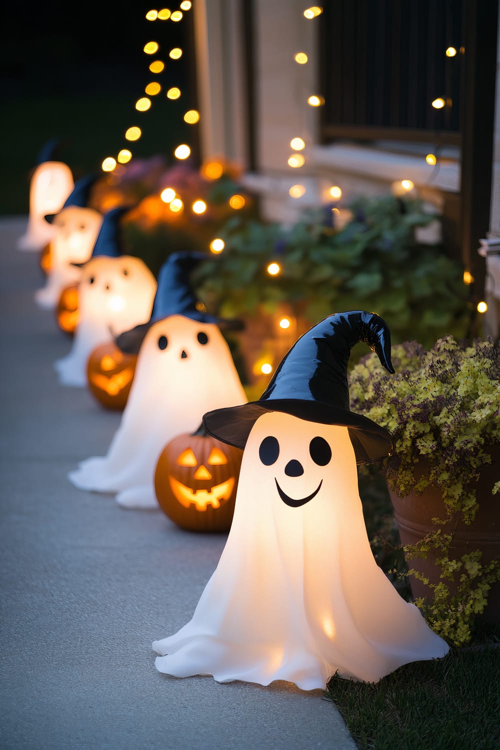 An outdoor Halloween decoration featuring a row of glowing, smiling ghost figures wearing black witch hats. Each ghost is illuminated from within and is accompanied by carved pumpkins with candlelight inside, placed along a pathway next to a house with festive string lights in the background.