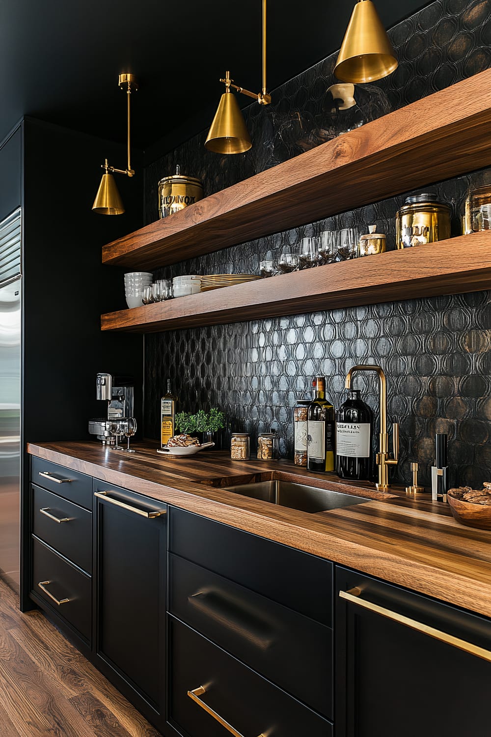 This image depicts a modern and sophisticated kitchen area, showcasing a sleek black and gold color palette. The cabinets are matte black with gold hardware, while the countertops are a rich wood tone. Floating wooden shelves are adorned with neatly arranged glassware, dishes, and gold canisters. The backsplash features intricate, circular textured black tiles. Overhead, three gold pendant lights with a minimalist design hang, illuminating the space. The countertop holds a coffee machine, a variety of bottles, and small potted plants, adding a touch of greenery.