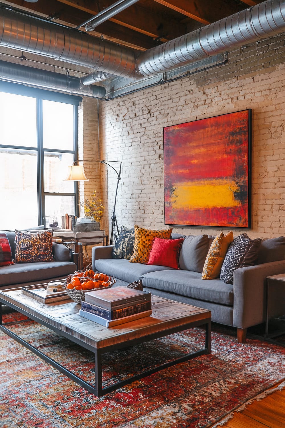 A living room with exposed brick walls and air ducts showcasing an industrial aesthetic. The room features two gray sofas adorned with variously patterned and colorful pillows. A large abstract painting with vibrant red and yellow hues hangs above one of the sofas. There is a rustic wooden coffee table with objects including a bowl of oranges and a few books. The floor is covered with an area rug featuring red, orange, and yellow tones.