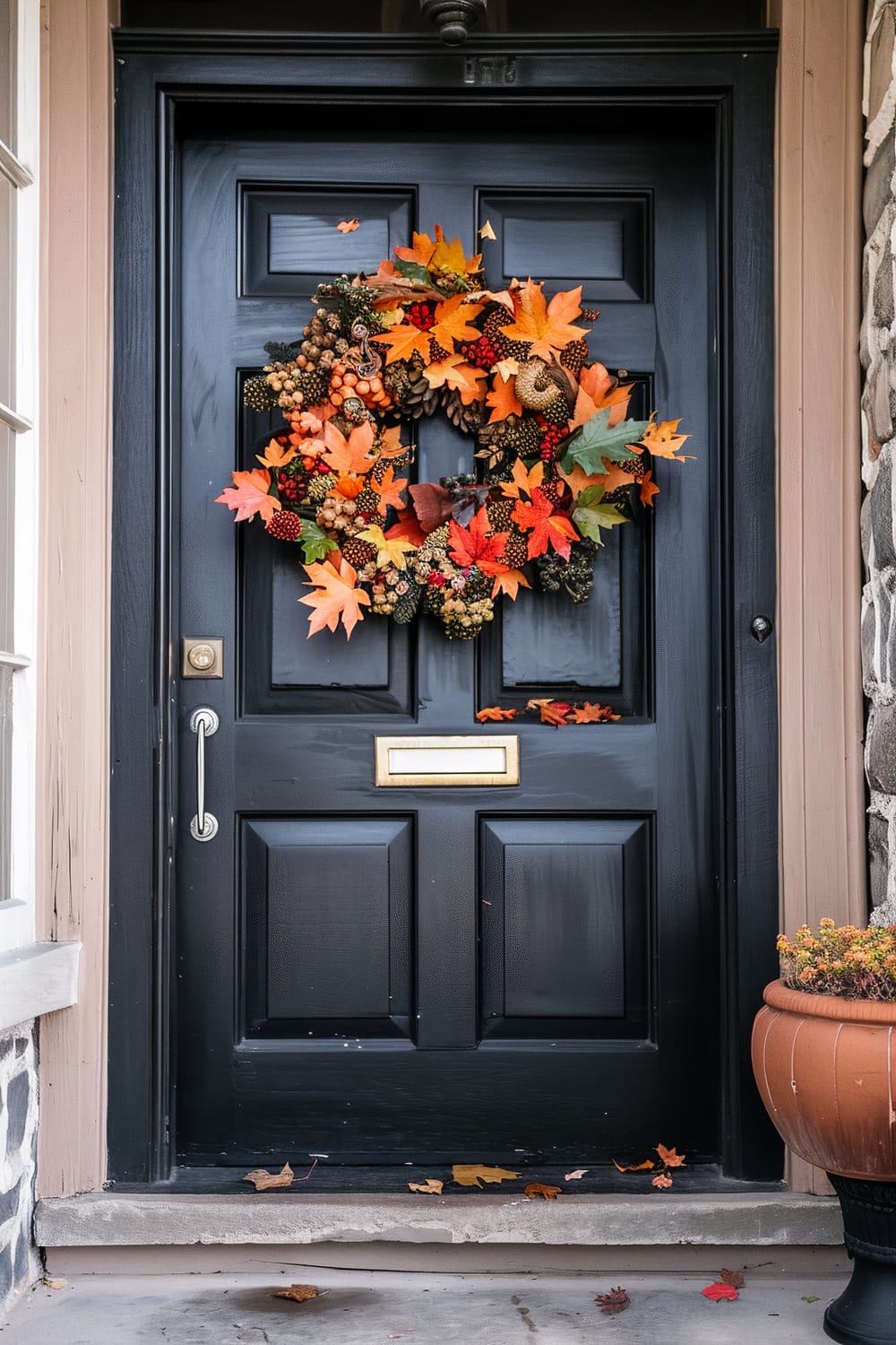 Black front door adorned with a festive autumn wreath composed of vibrant orange, yellow, and red leaves, along with small pine cones and berries. The door has a gold mail slot and a brushed silver handle, situated within a stone and wood-framed entrance. A terra cotta pot with seasonal flowers sits to the right of the doorway.