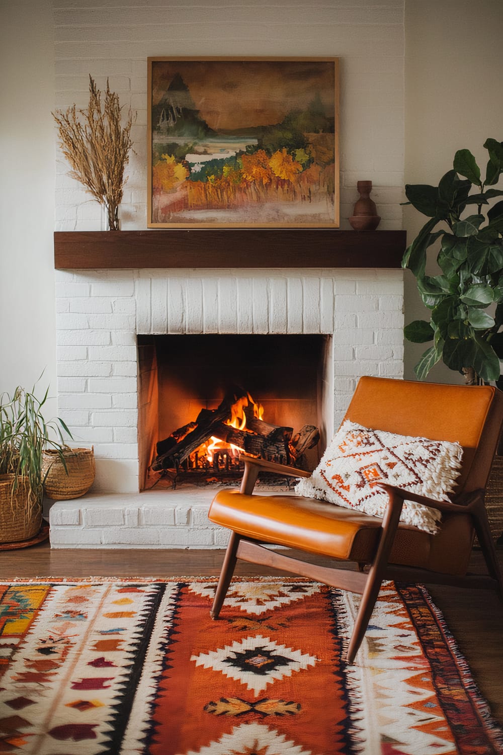 An inviting living room area featuring a white-painted brick fireplace with a wooden mantle, burning logs inside. On the mantle is an abstract landscape painting and a brown vase with dried grass in it. To the right of the fireplace is a tall green plant. To the left are two woven baskets with a houseplant. In front of the fireplace is a brown mid-century modern armchair with a white and red patterned cushion. A colorful rug with geometric patterns in warm tones covers the floor.