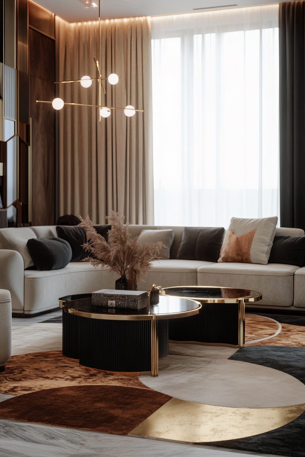 A chic, contemporary living room featuring a modern sectional sofa adorned with contrasting throw pillows. The centerpiece is a pair of sleek, black and gold coffee tables with a glossy finish. Above, a sophisticated chandelier with multiple white spherical lights hangs, providing an elegant touch. The space is accented with tall, beige drapery partially concealing a large, sunlit window, and a stylish geometric area rug in shades of brown, beige, and gold, adding texture and warmth. A decorative arrangement of dried grasses and a book grace the coffee table, completing the refined ambiance.