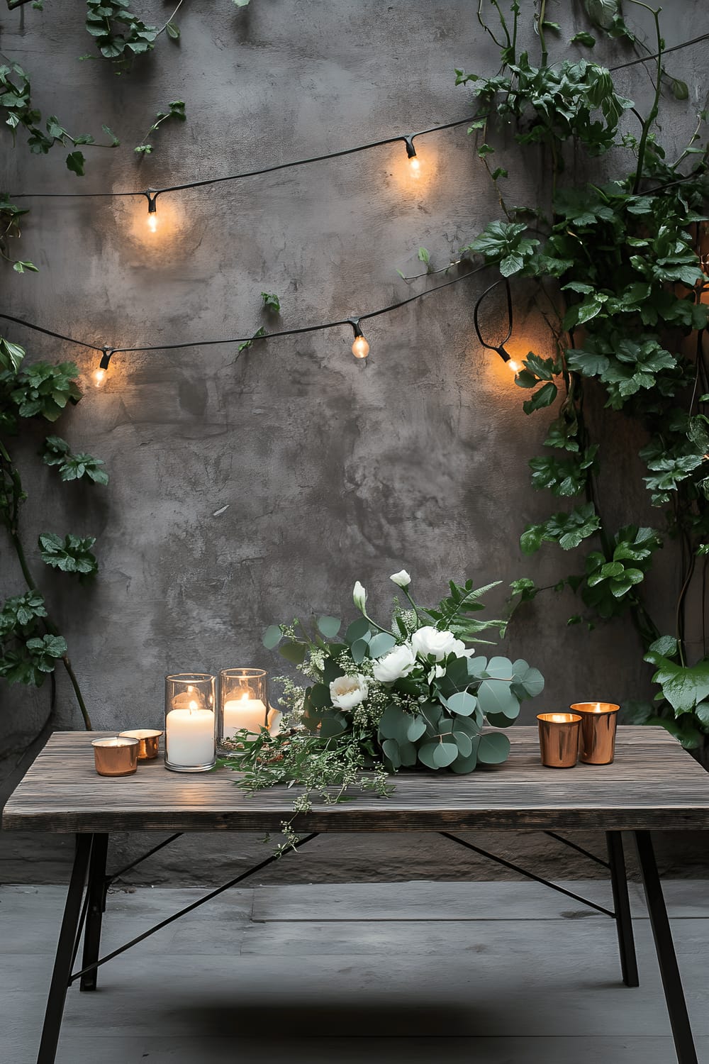 A small urban patio area featuring raw concrete walls covered in climbing ivy and potted ferns. Against this natural setting is a rugged reclaimed wood coffee table with black steel legs, and on it is an arrangement of eucalyptus branches and copper-colored candles. Above, industrial-style string lights zigzag across, lending an inviting, warm glow to the space.