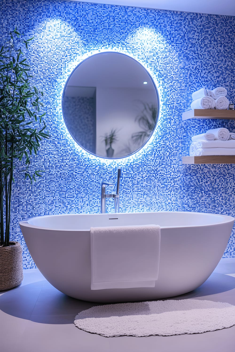 A luxurious bathroom in Milan featuring a freestanding white porcelain bathtub against a wall adorned with intricate blue and white mosaic tiles. There is a sleek chrome faucet mounted on the wall and a large backlit oval mirror hung above it. To the side, plush white towels are neatly folded on a wooden shelf, and a tall bamboo plant brings a hint of green. The room is softly lit, creating a calming ambiance.