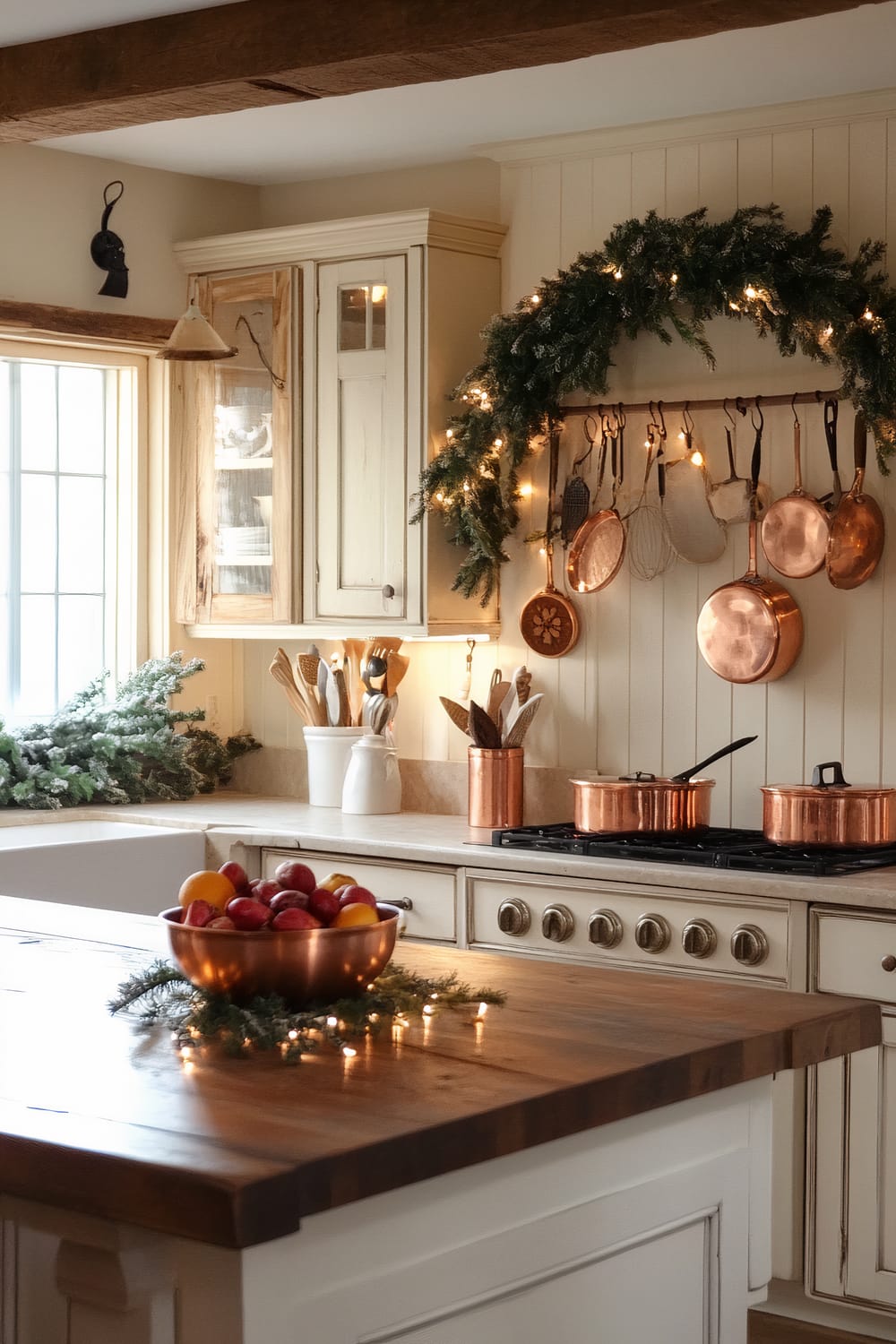 A beautifully decorated kitchen with a rustic and festive theme. The space features white cabinetry, a wooden countertop with a bowl of assorted fruits, copper utensils and pans, and a greenery garland with fairy lights hanging above the stove area.