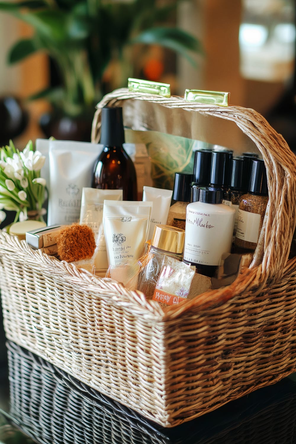 A woven wicker basket brimming with a selection of luxurious skincare and beauty products. The assortment includes various bottles, tubes, and jars, varying in sizes and colors, predominantly in earthy and neutral tones. Among the items are products like lotions, creams, oils, and a small brush, with a backdrop of fresh white flowers adding a touch of elegance. The setting suggests a well-curated and thoughtfully arranged gift basket, likely intended for pampering and self-care.