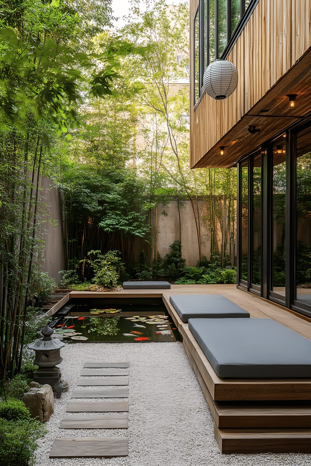 A serene, minimalist patio design, inspired by Japanese Zen gardens, with a low-set wooden bench adorned with soft gray cushions. A gravel pathway intertwines with bamboo plants and bonsai trees leading to a small, subtle koi pond. Gentle illumination is provided by paper lanterns scattered discreetly across the scene, as natural sunlight filters through the greenery, highlighting the tranquility of the space.