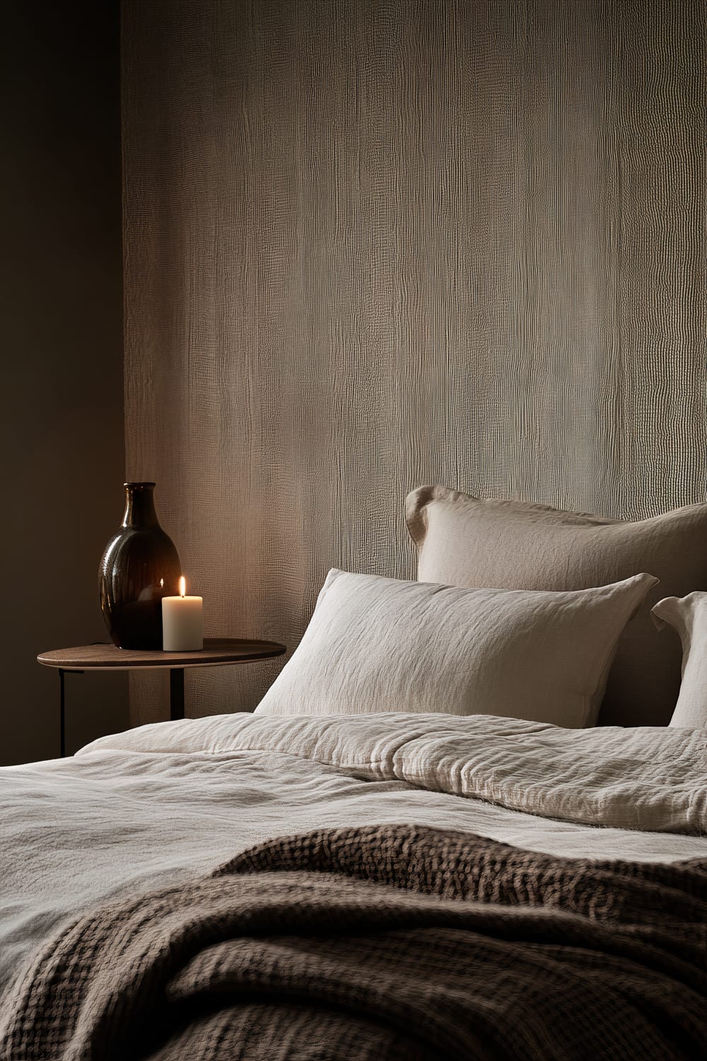 A contemporary bedroom featuring a textured accent wall in soft taupe, seen from a diagonal perspective. The room includes a bed with cozy, layered neutral bedding, a dark vase, and a lit candle on the bedside table. Ambient side lighting enhances the texture of the wall, creating an inviting and stylish atmosphere.