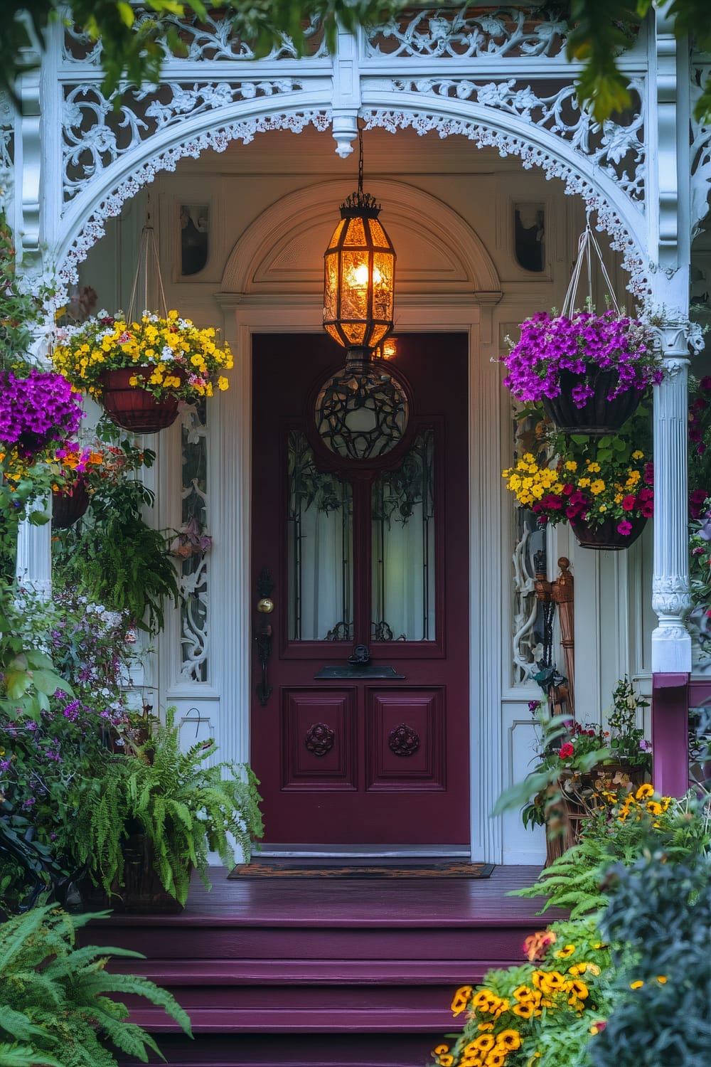 An ornate wooden front door painted in deep burgundy is centrally positioned within the image. It features intricate glasswork and is framed by a white, elaborately-decorated archway with lace-like wooden trim. A vintage-style lantern hangs overhead, emitting a warm glow. Surrounding the door and porch are vibrant hanging baskets filled with colorful flowers, including yellows, purples, and pinks. Ferns and other plants are placed on the steps and around the porch, adding lush greenery to the scene.