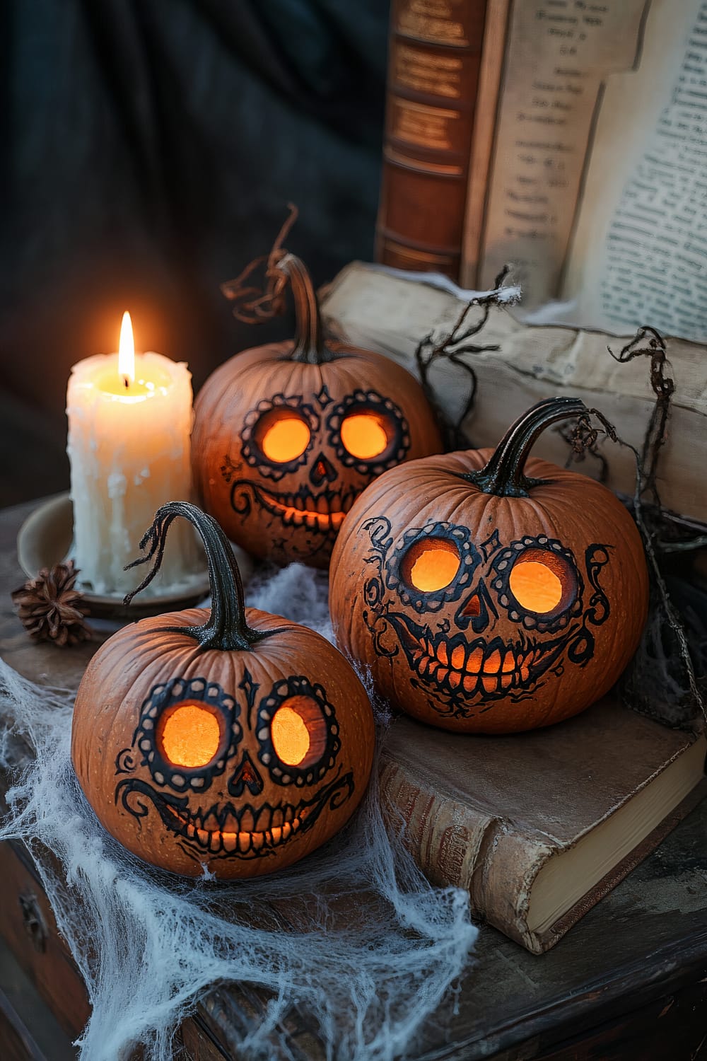 Three carved pumpkins with intricate designs sit next to an old, weathered book, surrounded by spider webs and a lit candle.