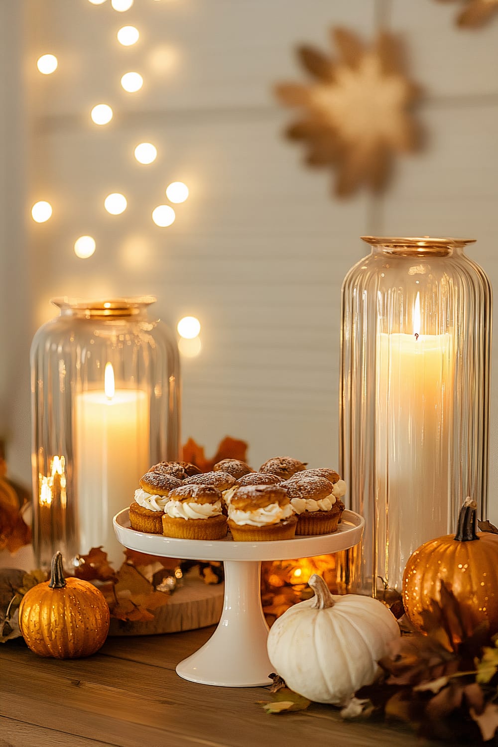 A retro Friendsgiving dessert station featuring two glass lanterns with white candles, a vintage cake stand with pastries, and autumn decorations in white and gold accents.