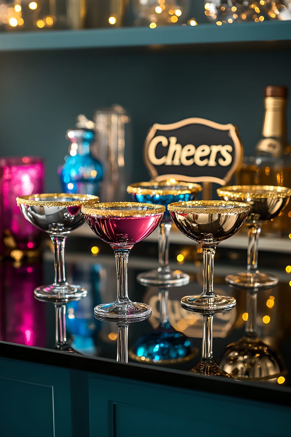 A sophisticated home bar setup with a mirrored black countertop holding four cocktail glasses with differing coloured drinks and golden rims. Behind them, three small, golden lanterns with LED candle lights and a metallic silver "Cheers" sign are set. The shelves in the background hold various premium metallic-hued liquor bottles and are draped with twinkling fairy lights against a smooth dark teal backdrop.