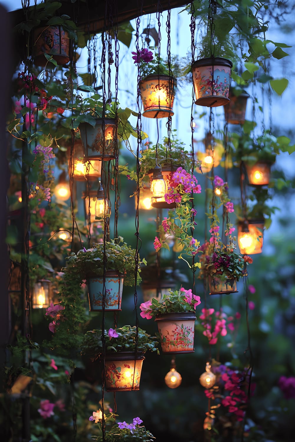 An image of an artistic hanging garden made from upcycled metal frames. The frames are adorned with cascading flowers in hand-painted ceramic pots and lush green vines that drape down like chandeliers. An intricate web of fairy lights glow in the twilight, creating a magical ambience. The garden combines the principles of sustainability and beauty in a creative way.