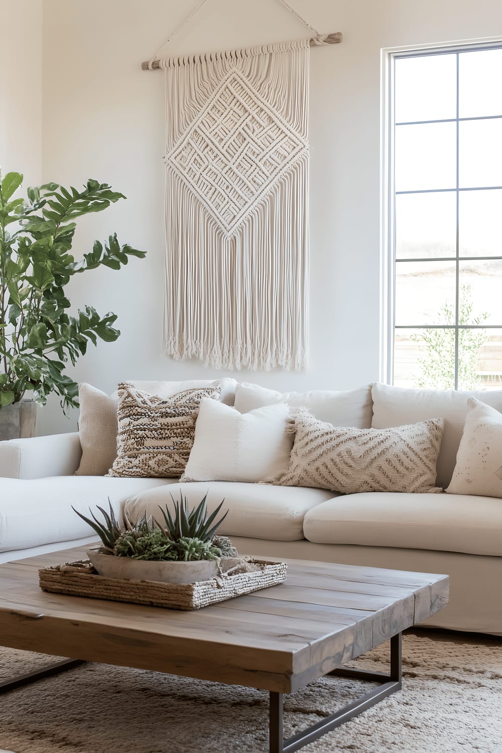 The image depicts a spacious, light-filled living room with a minimalist boho design. The room centers on a large linen couch adorned with several patterned throw pillows. In front, a simple wooden coffee table is bordered by a soft, plush area rug. A tall rubber plant and a small snake plant lend greenery to the scene. One wall features a large macramé hanging, adding texture and a distinct boho element. Through ample windows, soft sunlight bathes the neutral color palette of the room, highlighting the couch's natural fabric, rug's tactile weave, and coffee table's smooth grain.