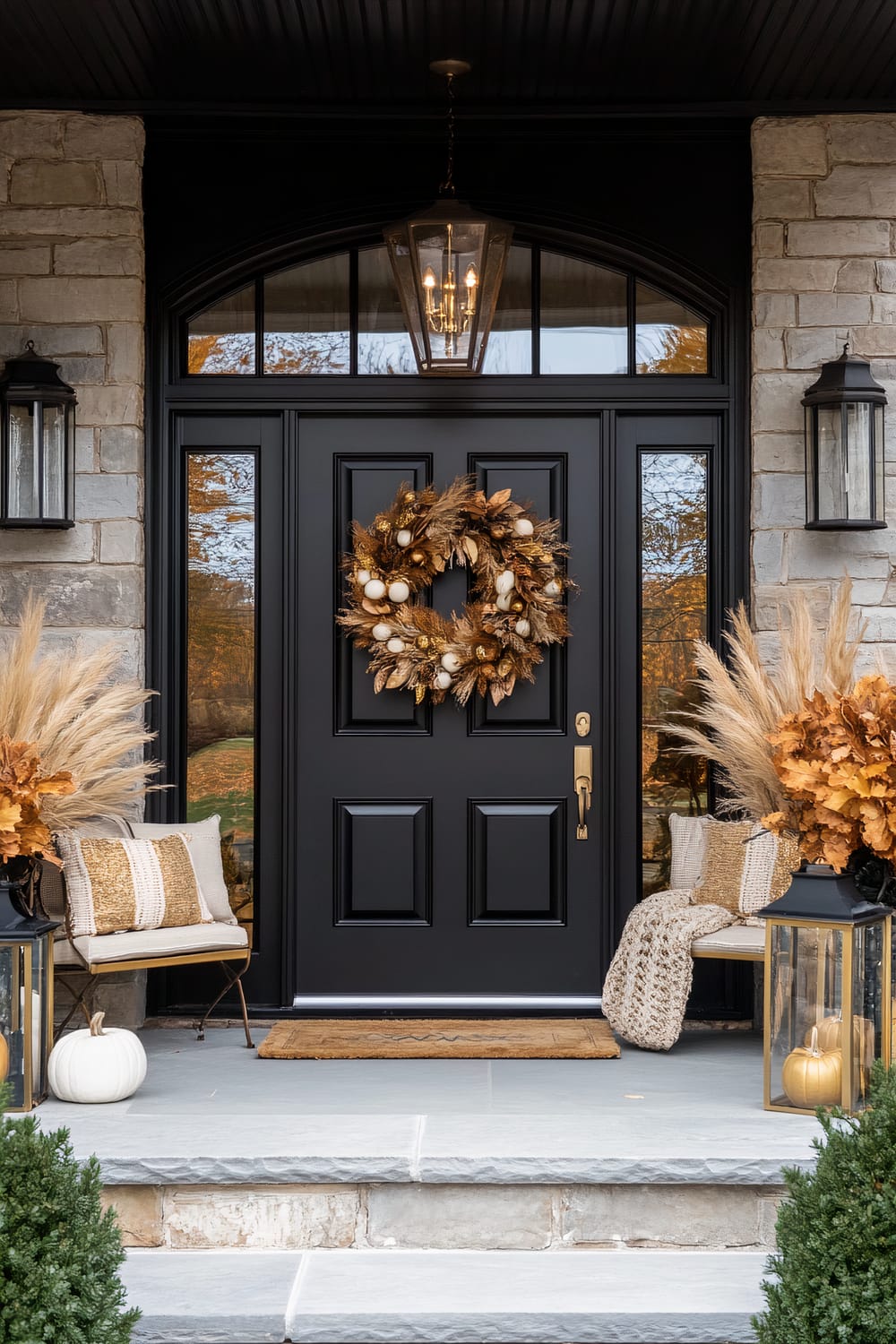 An autumn-themed front porch with a black door adorned with a harvest wreath featuring small white pumpkins and dried leaves. Two outdoor lanterns with pillar candles flank the door. There are chairs with neutral-colored cushions and dried floral arrangements on either side. A welcome mat is placed in front of the door, and a white pumpkin is positioned on the left side of the porch steps.