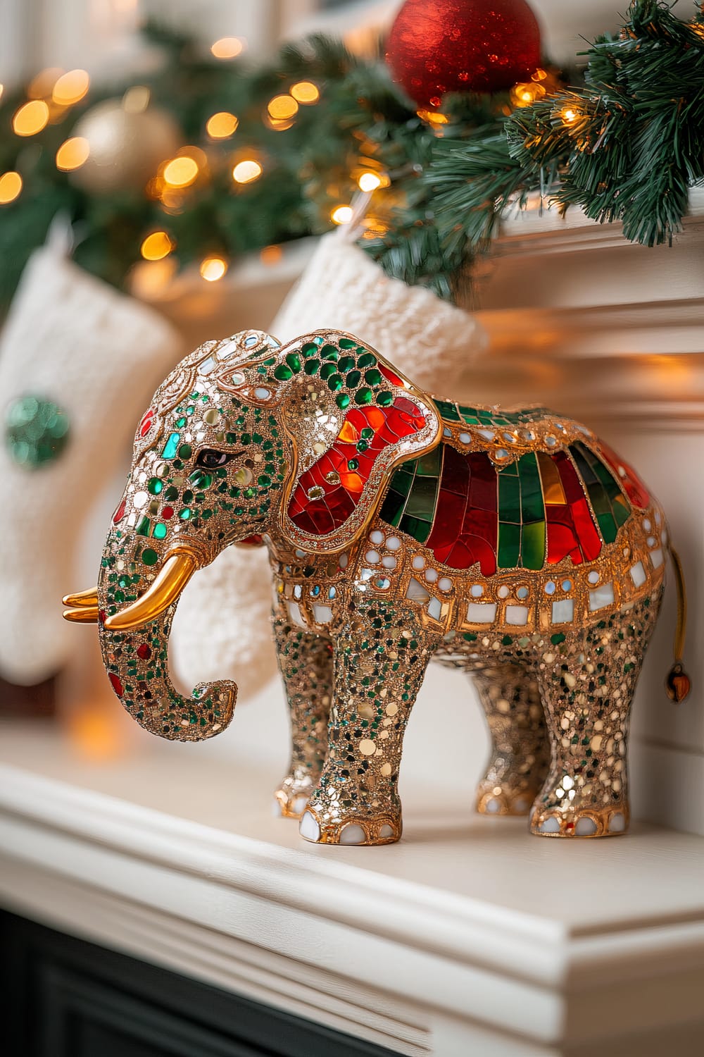 A decorative elephant figurine adorned with intricate patterns of jewels and colored glass, featuring a dominant color scheme of red, green, and gold, is displayed on a mantelpiece. In the background, soft-focused Christmas stockings and twinkling lights can be seen, along with festive greenery.