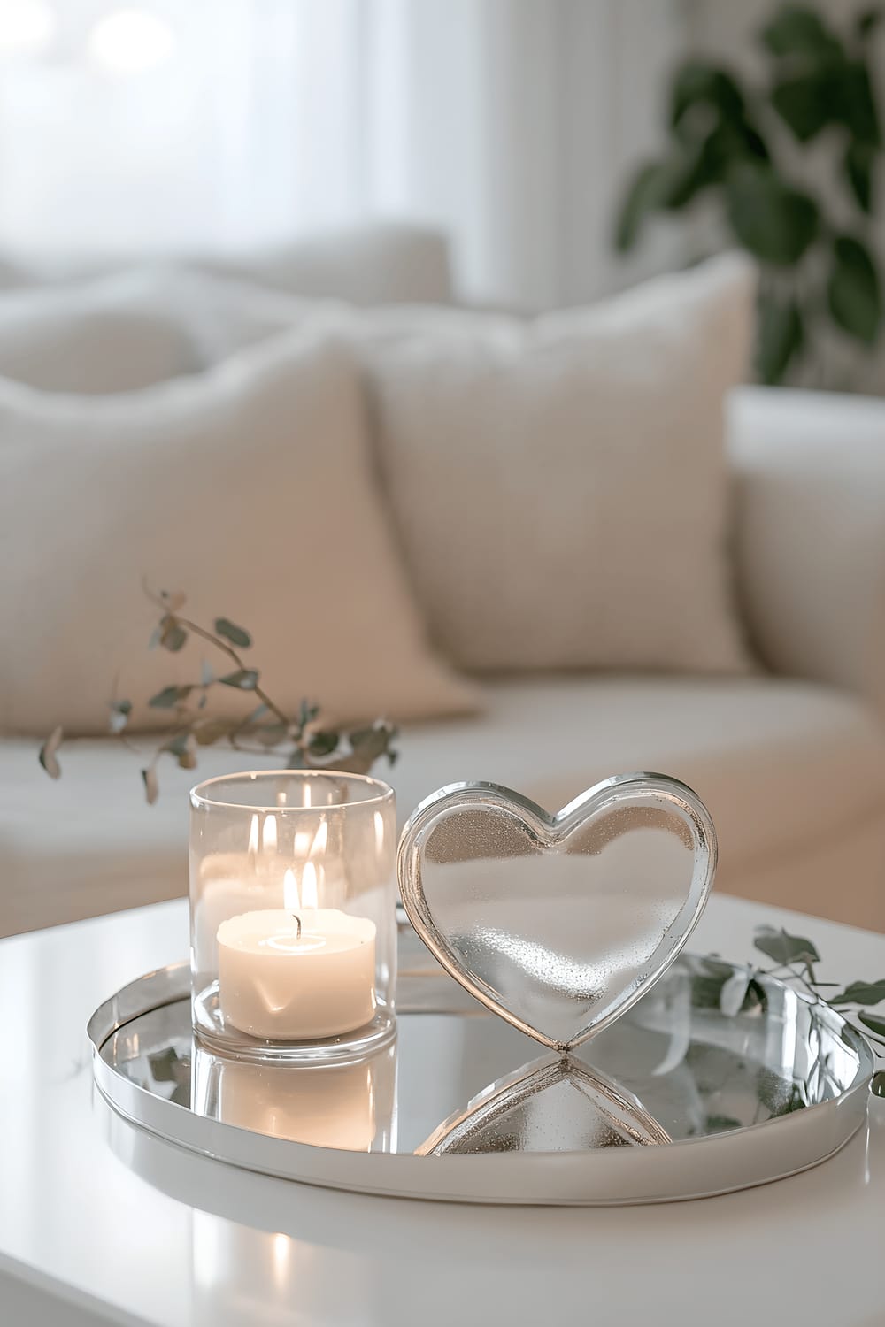 A luminous heart-shaped mirrored centerpiece rests on a clean, white table. It sparkles with the glow of tiny candles arranged meticulously around its edge. The table is situated in a room adorned with neutral tones, featuring taupe walls and simplistic decor. A comfortable beige couch, an elegant chic hanging lamp with a simple white shade, and a couple of petite silver vases comprise the background.