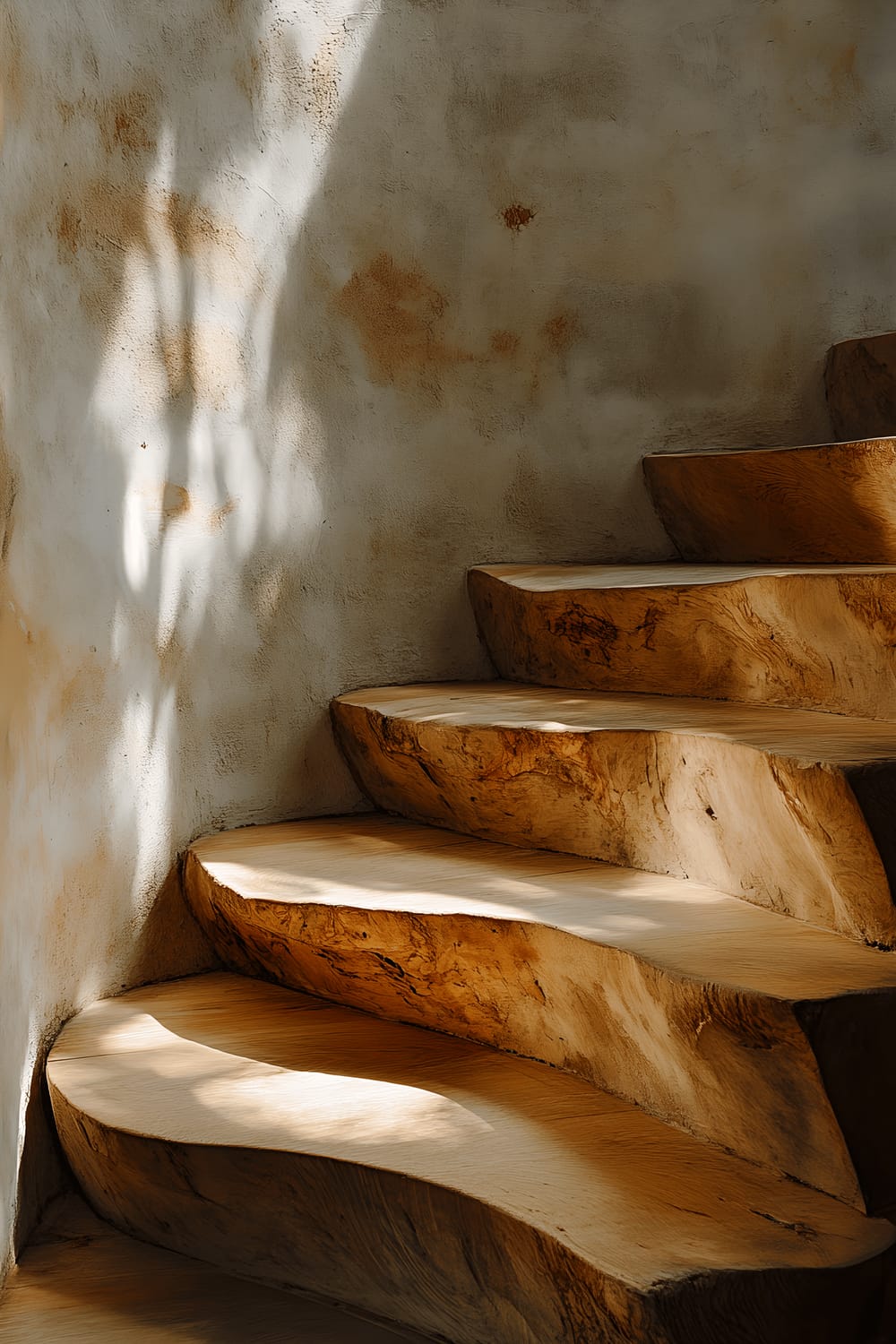 The image displays a handcrafted wabi-sabi wooden staircase with asymmetrical steps showing natural wood grain patterns. These steps with their organic curves are bathed in soft afternoon sunlight pouring in from an unseen window, adding a gentle glow to the entire scene.