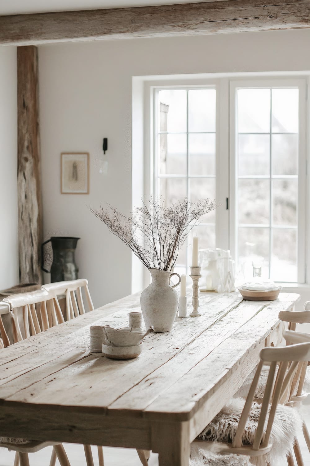 A rustic dining area featuring a weathered wooden table adorned with ceramic dishes, a large vase with dried branches, and white candlesticks. The space is accented by vintage-style wooden chairs, exposed wooden beams, and a large window allowing natural light to flood the room.