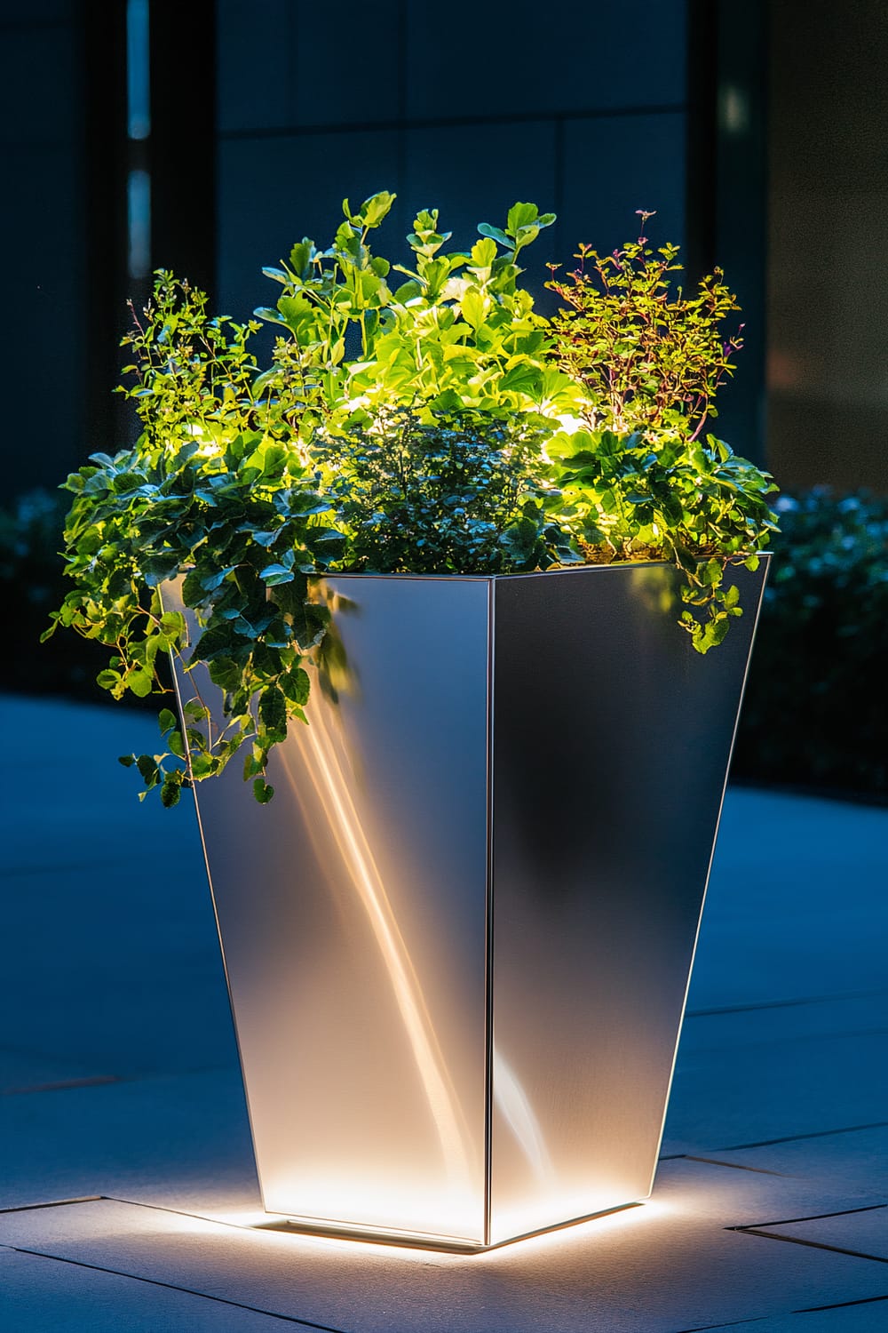 A stylish outdoor planter shaped like a silver lantern, housing various winter-hardy plants such as ivy and small evergreens. The planter is set against a bold navy blue background and is illuminated with creative outdoor lighting. The lighting casts interesting shadows and highlights both the metallic and green elements of the planter, creating a strong color contrast.