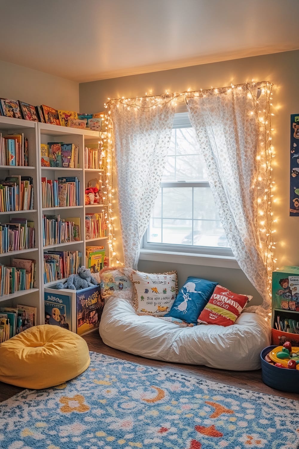 A cozy playroom with a large reading nook positioned beneath a window draped with sheer, white curtains. The nook is filled with plush pillows featuring various designs and slogans. Wall-mounted bookcases filled with colorful children’s books frame the nook. A yellow bean bag and multiple floor cushions provide additional seating. Low storage units on the right hold toys and puzzles, keeping the room organized. Warm string lights are draped around the window, enhancing the room's magical and inviting atmosphere. A soft, patterned rug with celestial designs covers the wooden floor.