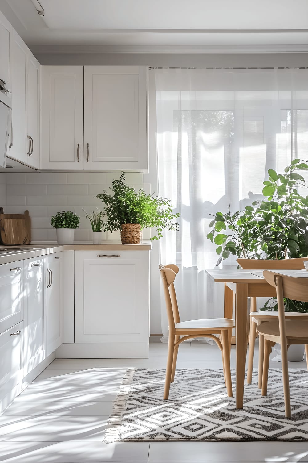 A bright, minimalist kitchen in a Scandinavian design style featuring crisp white cabinets and light grey marble countertops. Stainless steel appliances are integrated into the cabinetry. A large window dressed in light linen curtains lets in natural daylight. A wooden dining table with two chairs is placed in the middle of the room; a green potted plant on the windowsill and subtle patterned rugs accessorize the space.