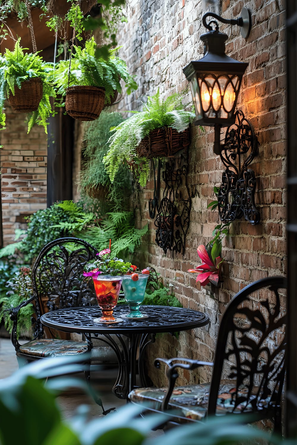 A small, inviting patio scene illuminated by the warm glow of a gas lantern on a brick wall. The patio features a set of wrought-iron furniture with a table that holds a vibrant cocktail. Baskets filled with green ferns hang around, and a lively wall fountain bubbles in the background, enhancing the ambience.