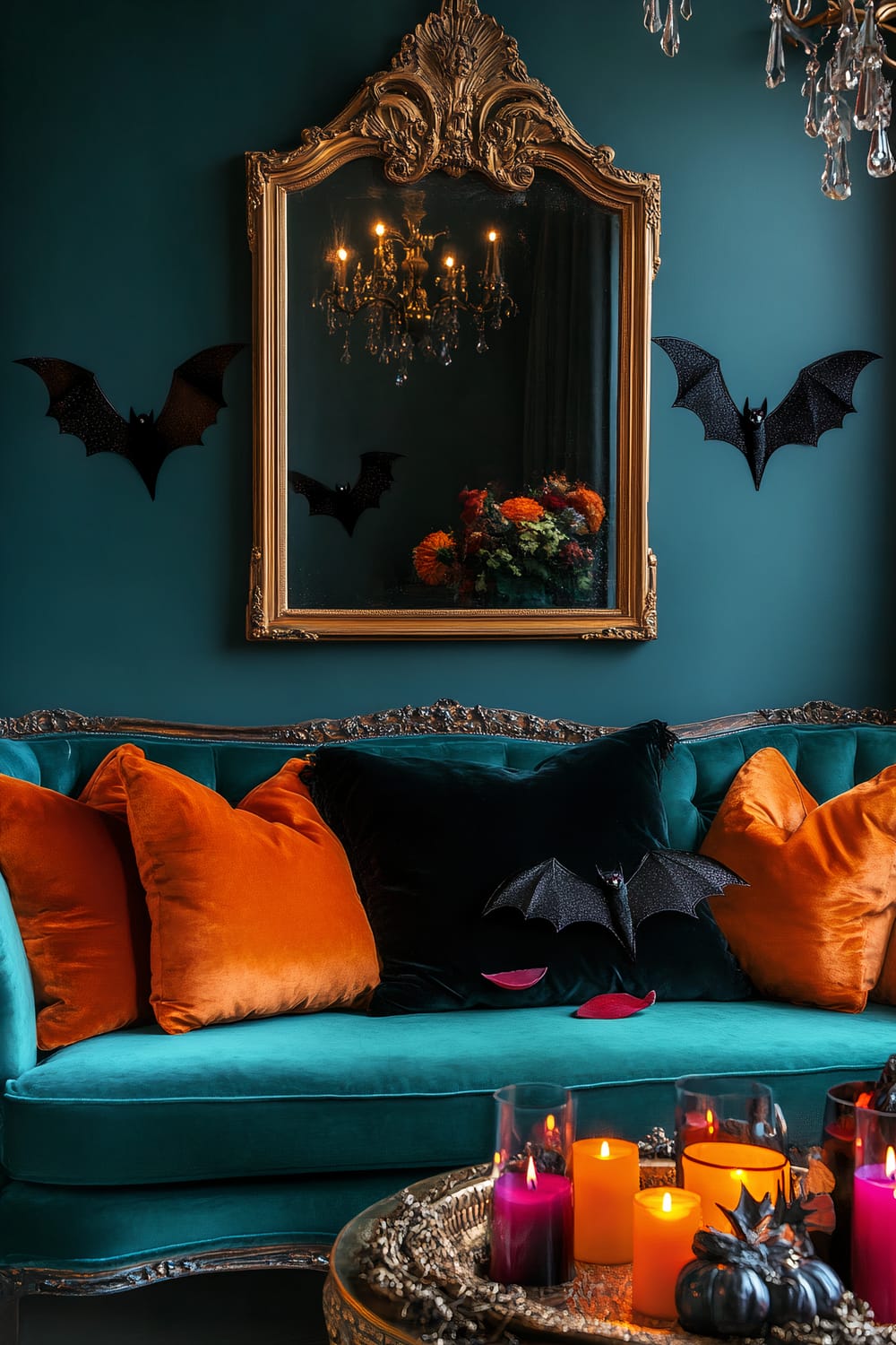 A lavish living room embodies gothic elegance. Teal walls cradle a gilded vintage mirror, reflecting a grand chandelier and autumnal floral arrangement. Black bat decals enhance a Halloween ambiance. Below, a tufted teal velvet sofa boasts plush orange and black cushions. A stately coffee table showcases vibrant candles and dark pumpkin decor.